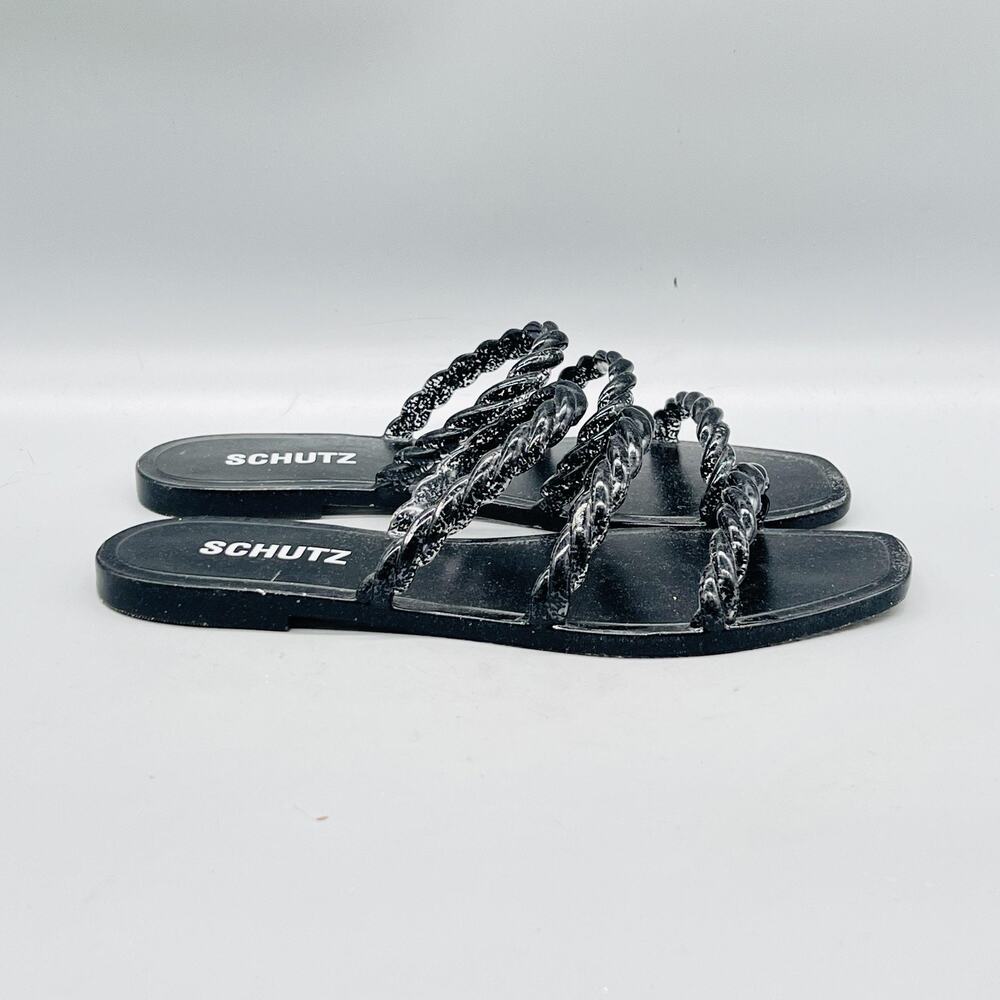 Schutz Sandals Womens 7 Black Synthetic Glitter Braided Strap Slide Flat Shoes